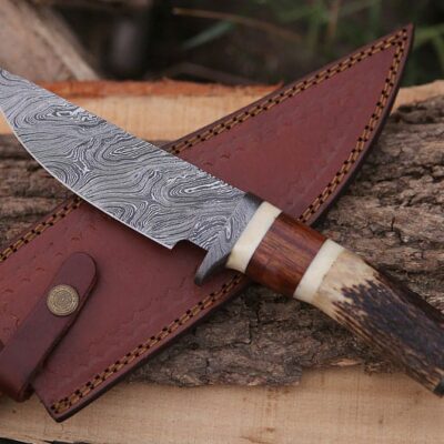 TrailSeeker - 10” Hand Forged Damascus Hunting Knife with Leather Sheath