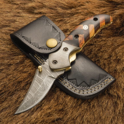 Timber Blade: 7" Custom Hand Forged Damascus Folding Knife with Damascus Bolster - Olive & Dark Wood Handle