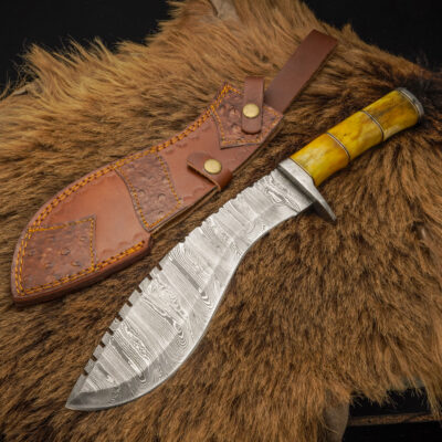 Wildridge Kukri: 22" Hand Forged Damascus Steel Survival Knife with Camel Bone Handle