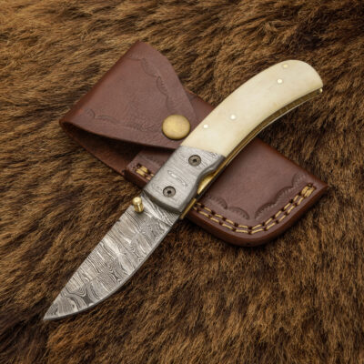 Bone Slice: Hand Forged Damascus Steel Hunting Folding Knife - Damascus Bolster & Camel Bone Handle
