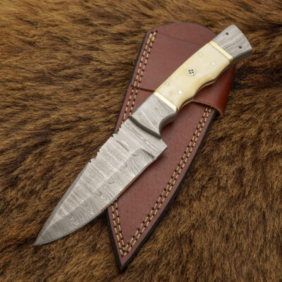 Desert Hunter: 10" Custom Damascus Skinner Knife – Full Tang Blade & Camel Bone Handle