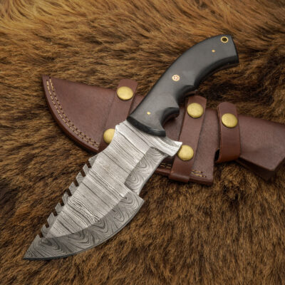 Trailcore: 10” Hand-Forged Damascus Tracker Knife – Micarta Handle & Leather Sheath