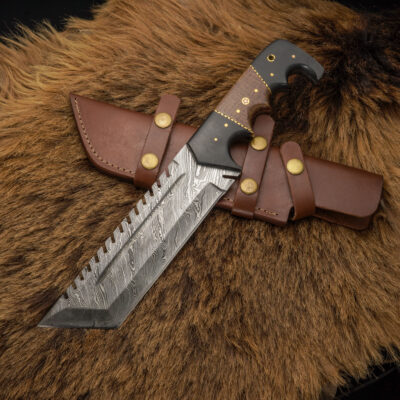 Trailreign: 12” Hand-Forged Damascus Tracker Knife – Bull Horn & Micarta Handle