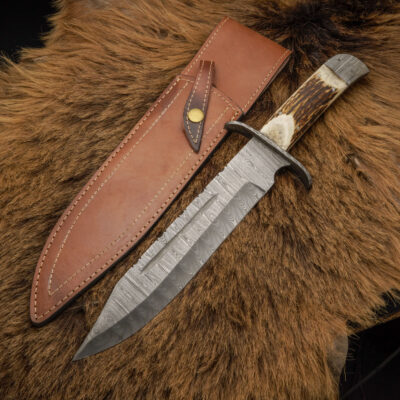 Summit King: 15” Handmade Damascus Bowie Knife – Stag Antler Handle & Damascus Bolster