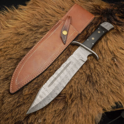 Wildwater King: 15” Handmade Damascus Bowie Knife – Black Wood Handle & Damascus Bolster