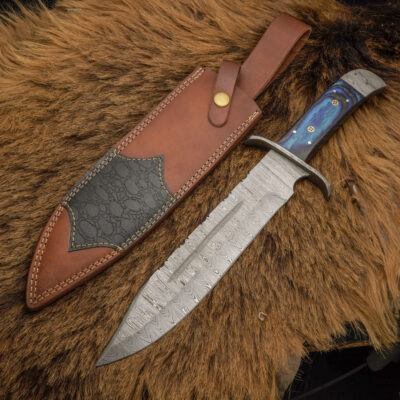 River King: 15” Handmade Damascus Bowie Knife – Colored Wood Handle & Damascus Bolster