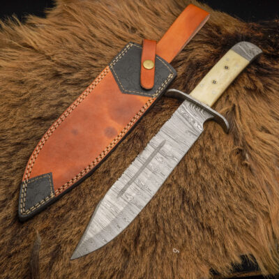 Timber Titan: 15” Handmade Damascus Bowie Knife – Camel Bone Handle & Damascus Bolster