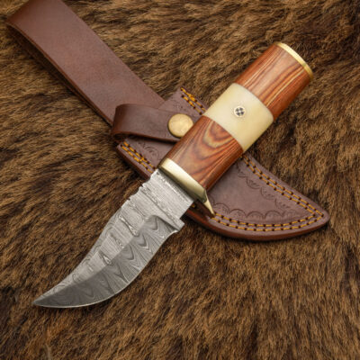 Wild Frontier: 10" Custom Damascus Skinner Knife – Wood & Camel Bone Handle & Full Tang Blade
