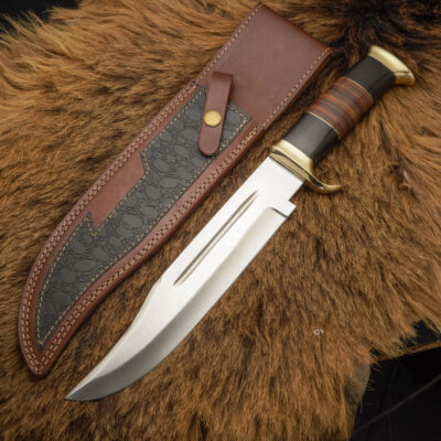Outland Sentinel – 15" Handmade J2 Bowie Knife Steel Hunting Fixed Blade – Bull Horn & Leather Handle