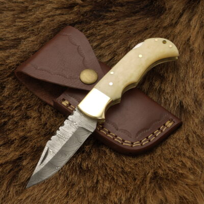 Boneflare Edge: Custom Damascus Folding Knife - Brass Bolster & Camel Bone Handle