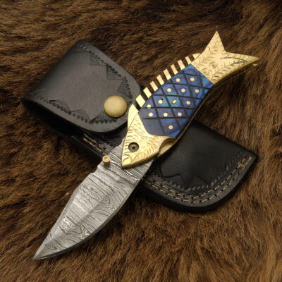 Blue Abyss Fin: 7.50" Damascus Folding Pocket Knife – Brass Fish Design & Camel Bone Handle